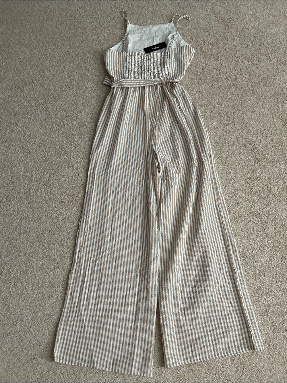 Striped Beige and White Wide-Leg Jumpsuit with Tie Waist - Picture 4 of 6